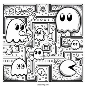 Inky, Blinky, Pinky, And Clyde Ghosts Chasing Pac-Man Coloring Page In Maze