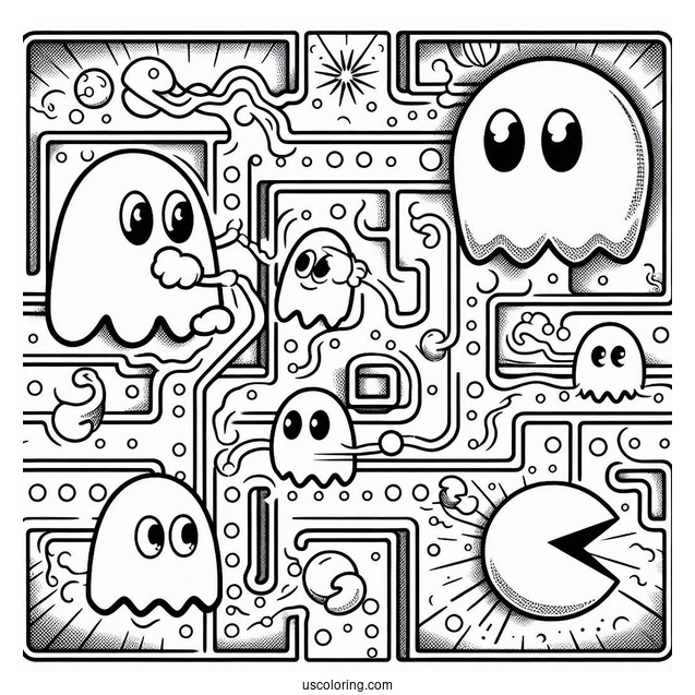 Inky, Blinky, Pinky, And Clyde Ghosts Chasing Pac-Man Coloring Page In Maze