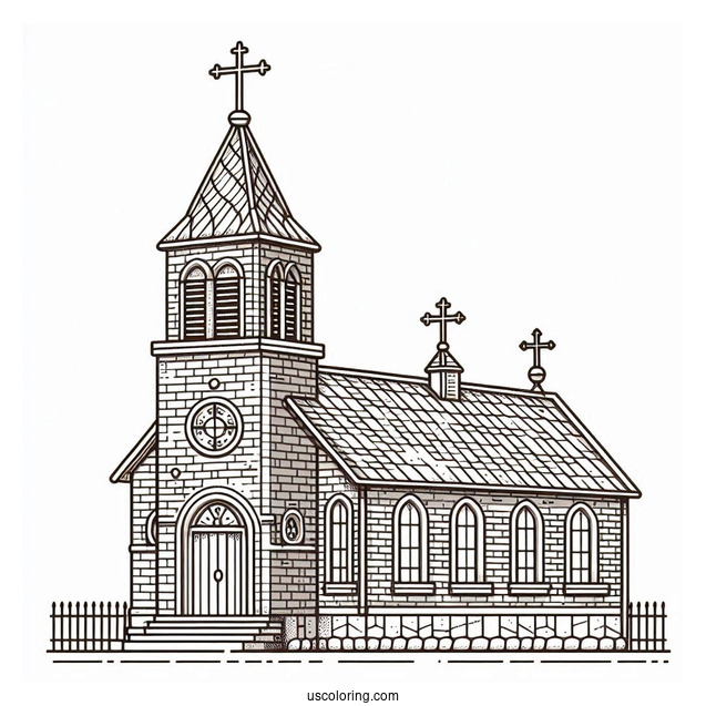 Brick Church Coloring Page Building With Crosses And A Bell Tower