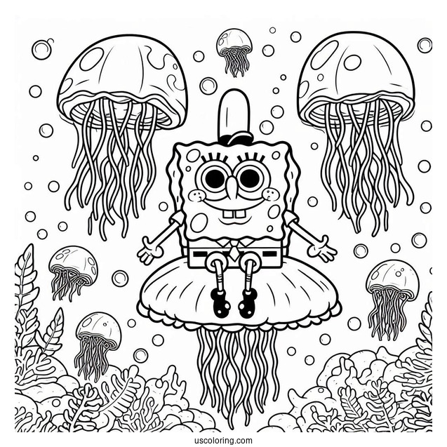 SpongeBob Coloring Page Sitting On Jellyfishes