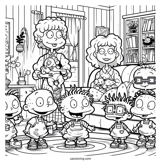 Rugrats Coloring Page Of Rugrats Tommy, Angelika, Chuckie, Susie, Lillian, And Philip In Living Room