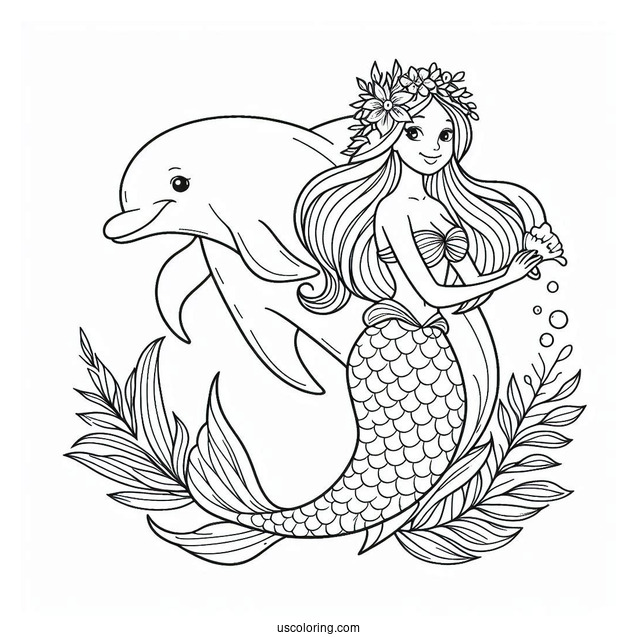 Mermaid And Dolphin Coloring Page