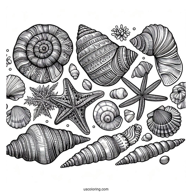 Summer Coloring Page Of Full Page Realistic Seashells