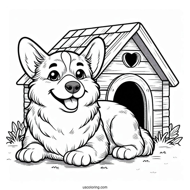 Smiling Corgi Coloring Page Lying Outside Dog House