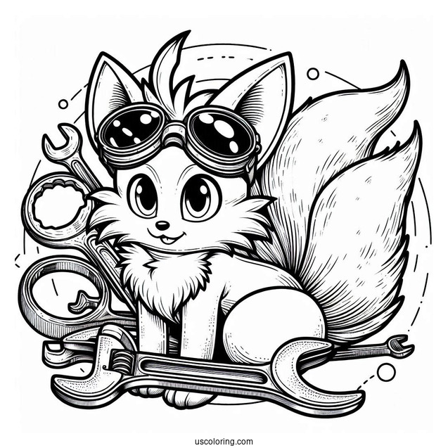 Detailed Tails Coloring Page With Goggles and Wrench