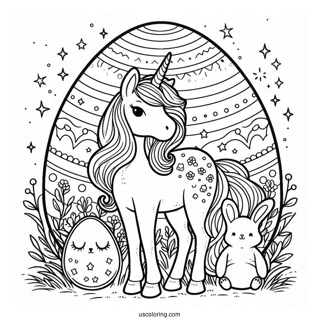 Unicorn Standing on Easter Egg Coloring Page With Stars and Bunnies v2