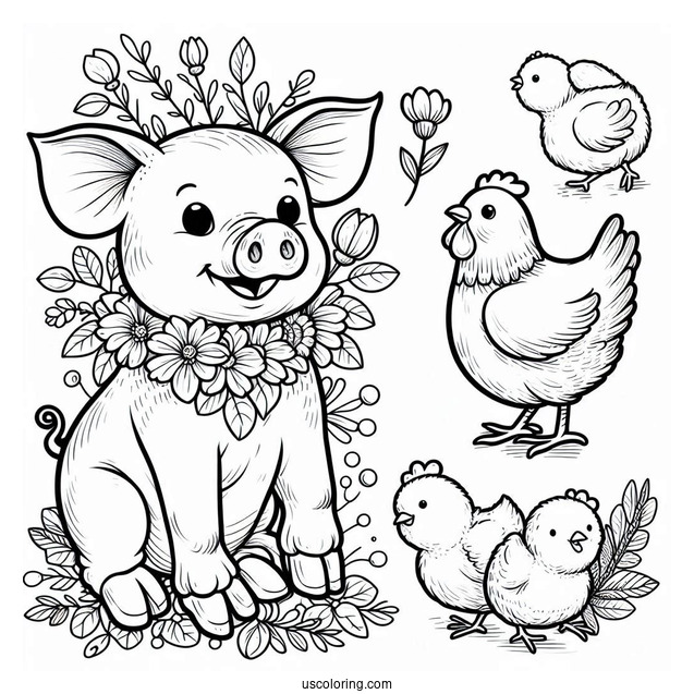 Detailed Pig And Chicken Coloring Sheet