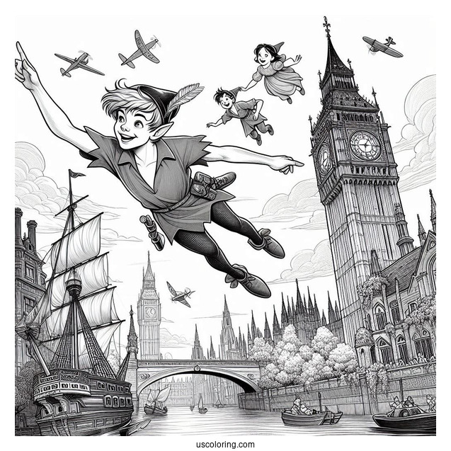 Peter Pan, Wendy, John, And Michael Flying Past Big Ben