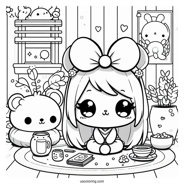 Kawaii Little Animals Resting In A Room Coloring Sheet