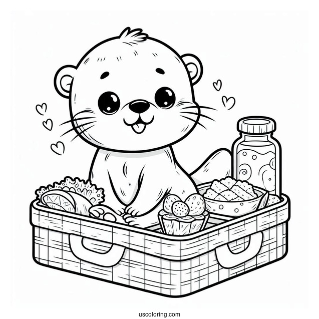 Otter Coloring Page In Bento Box With Cartoon Food