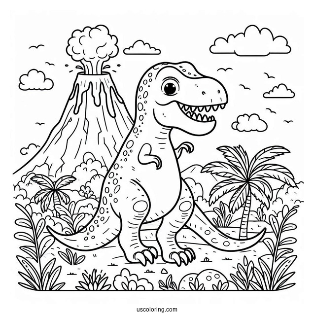 Cartoon T-Rex With Volcano Coloring Page