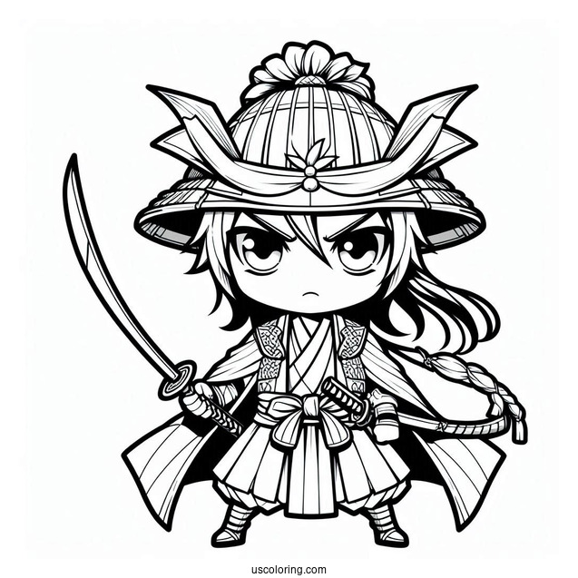 Fierce Young Chibi Coloring Page Samurai in Battle Robes