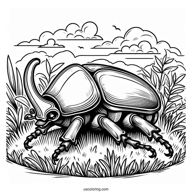 Detailed Hercules Beetle Coloring Page On The Grass