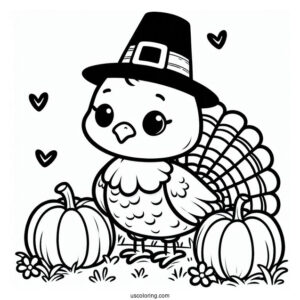 Pilgrim Coloring Page Cute Turkey With Pumpkins On The Grass For Kids