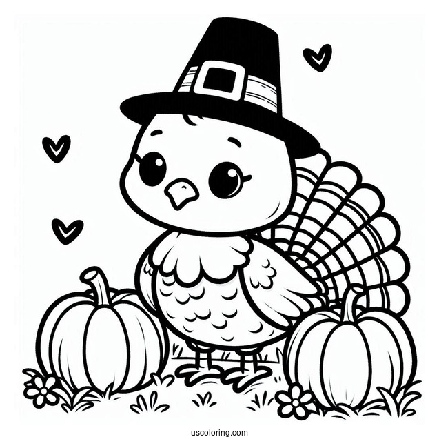 Pilgrim Coloring Page Cute Turkey With Pumpkins On The Grass For Kids