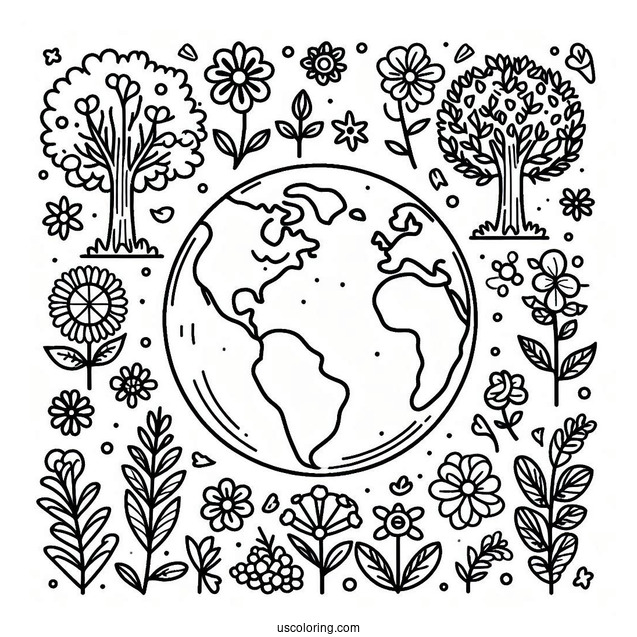 Tree And Flower Bushes Growing Around Earth Coloring Page