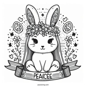 Hippie Rabbit Coloring Page With Peace Banner On Top