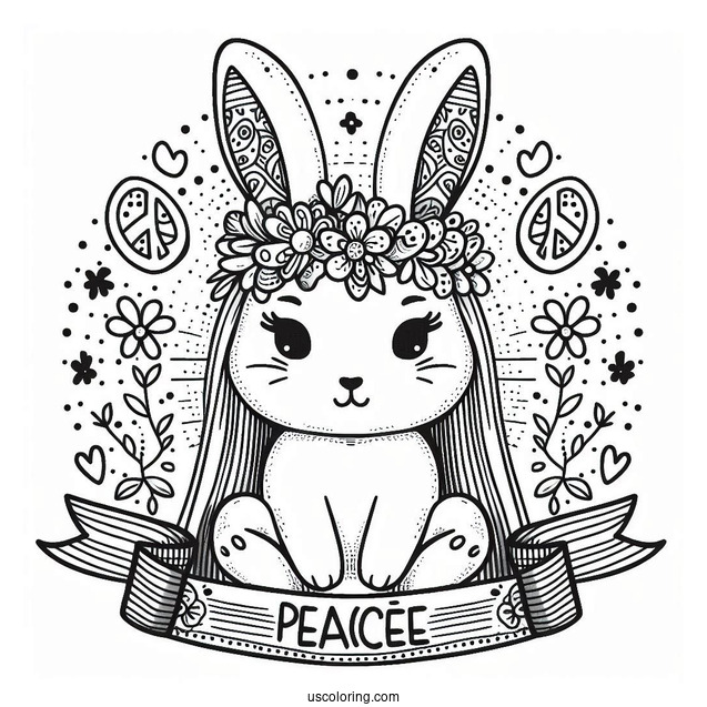 Hippie Rabbit Coloring Page With Peace Banner On Top