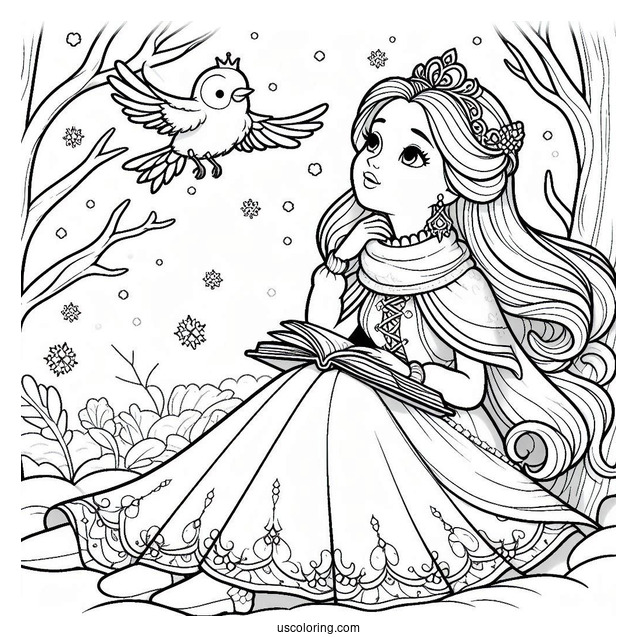 Princess Coloring Page Of Listening To A Bird In Winter