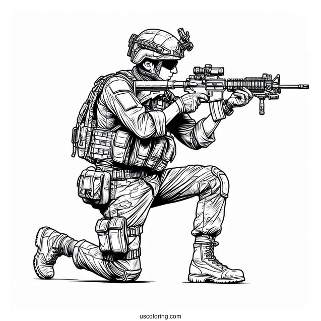 Soldier Coloring Page With Rifle Getting Ready To Shoot