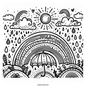 Rain Coloring Page Of Raindrops And Rainbows For Preschoolers