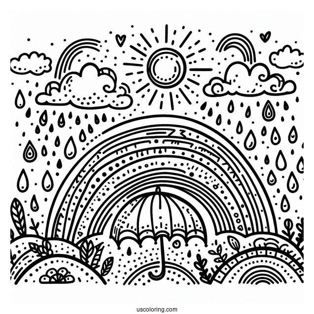 Rain Coloring Page Of Raindrops And Rainbows For Preschoolers