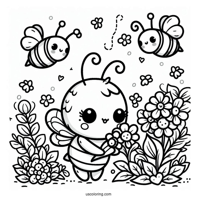 Kawaii Bee Coloring Page Collecting Flowers