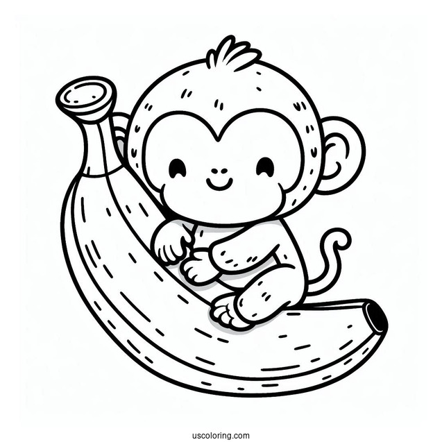 Cute Monkey Hugging A Large Banana Coloring Page