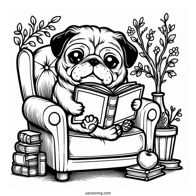 Pug Coloring Page Reading a Book in Armchair