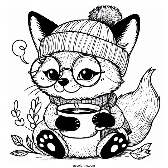 Smart Fox With A Beanie And Glasses Drinking Tea