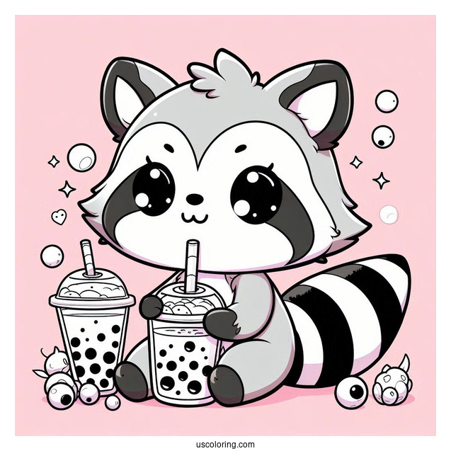 Chibi Raccoon Coloring Page Drinking Boba Tea For Kids