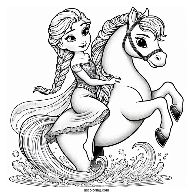 Elsa Riding Water Horse (The Nokk) Coloring