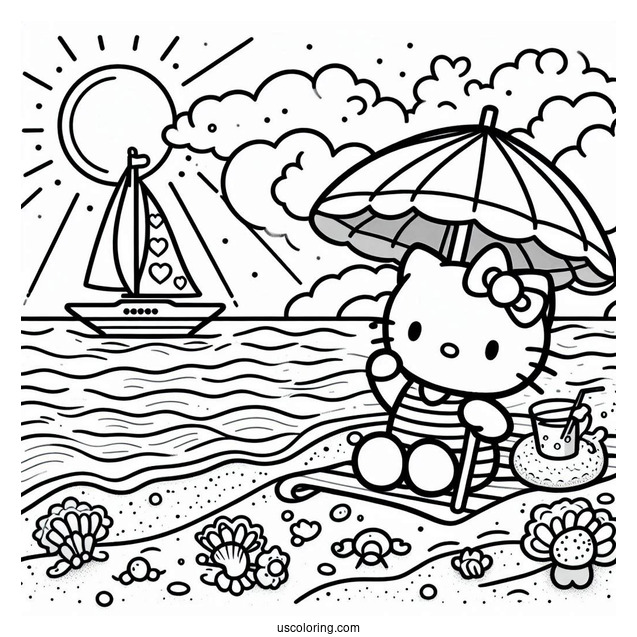 Pretty Hello Kitty At The Beach With A Sailboat Behind Her