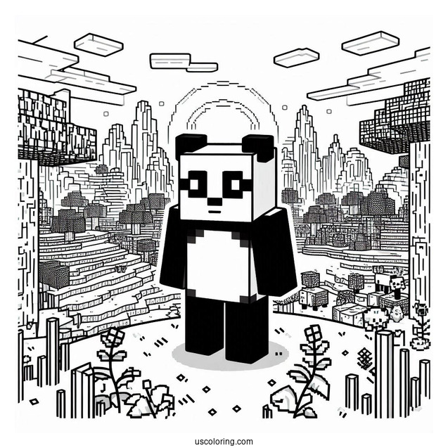 Minecraft Panda Coloring Page Standing in Pixel Landscape For Kids