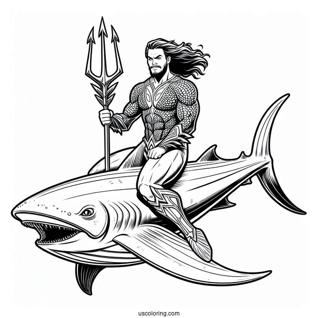 Aquaman Coloring Page Holding his Trident While Riding A Manta Ray