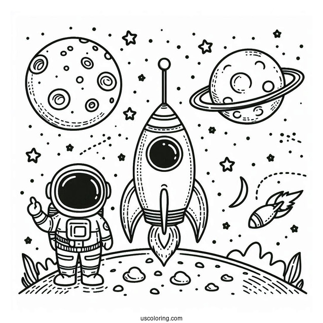 Rocket On The Moon With Astronaut Coloring Page For Kids