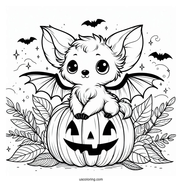 Small Bat Coloring Page Sitting On Jack O Lantern Halloween