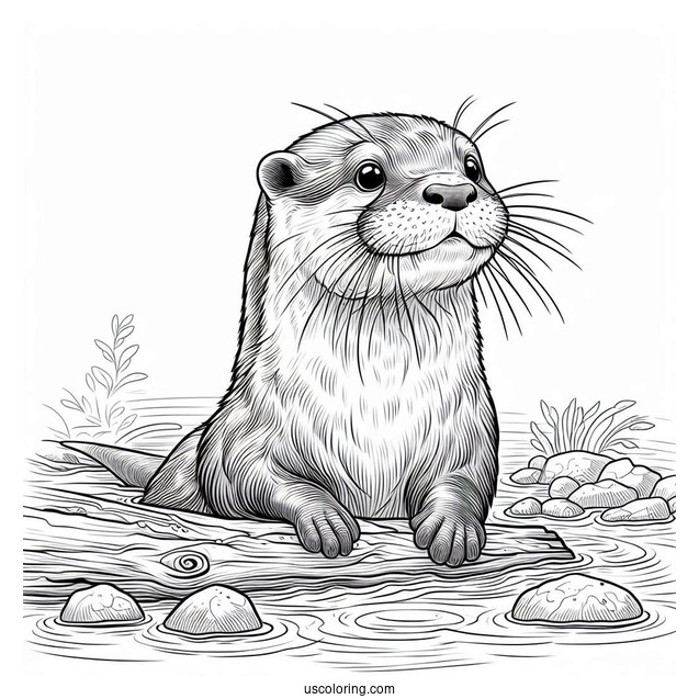 Realistic Otter Coloring Page Floating On River