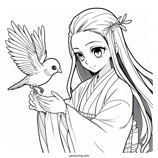Nezuko Coloring Page And Tanjiro Holding Bird