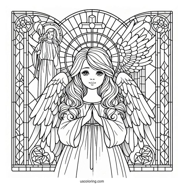 Angel Standing In Front Of A Cross Stained Glass Coloring Page
