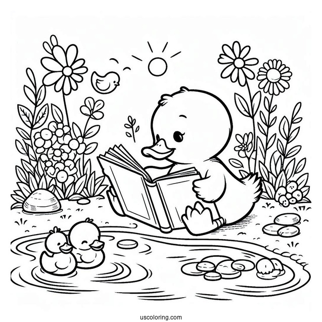 Smart Duck Reading by the Pond Coloring Page