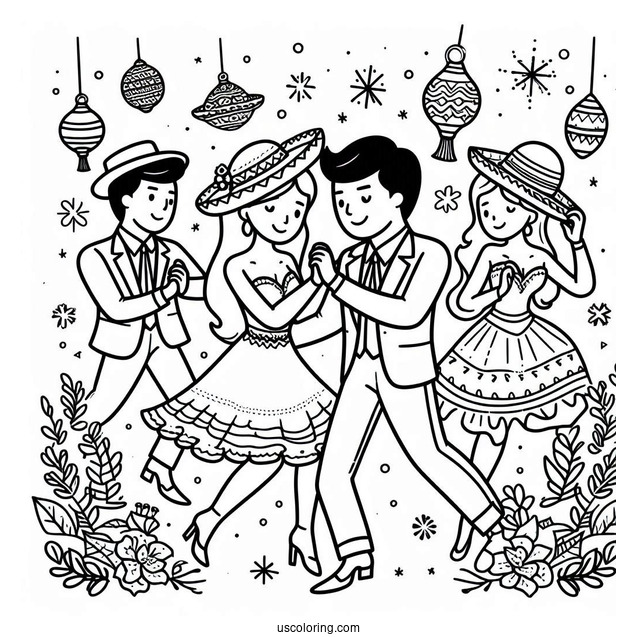 Men And Women Dancing On New Year Coloring Page For Kids