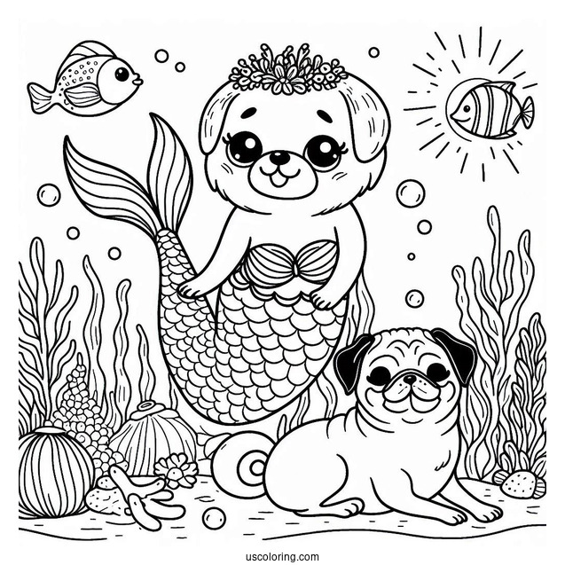 Mermaid Pug Coloring Page Under the Sea