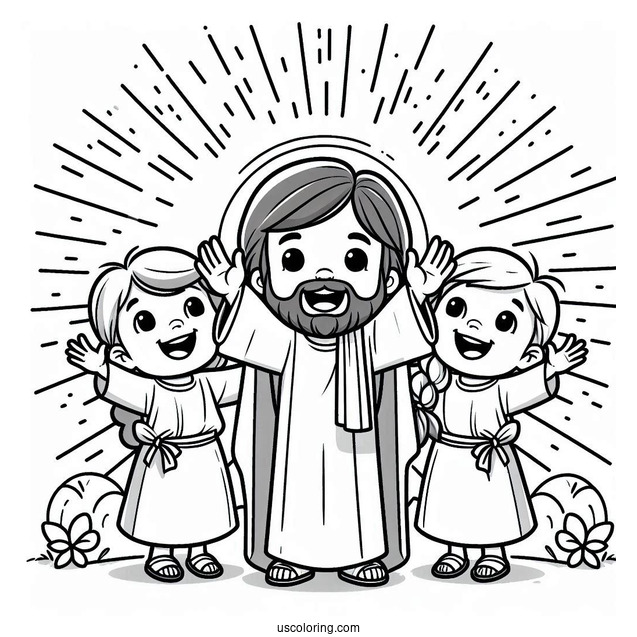 Cute Children Rejoicing Around Jesus Coloring Page