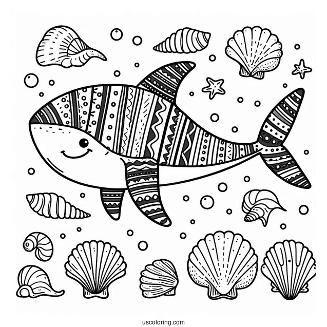 Cute Whale Shark Coloring Page With Seashells