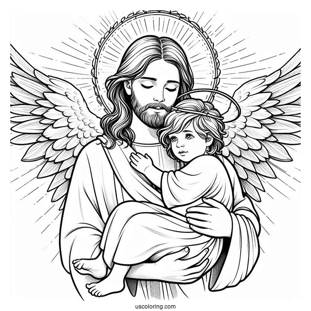 Holy Jesus Coloring Page With A Halo Carrying A Little Boy