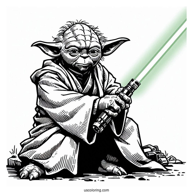 Yoda Fighting With Lightsaber Coloring In For Kids