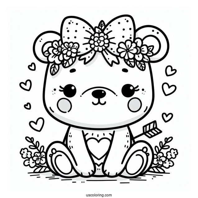 Easy Cartoon Bear With Flower Crown And Bow Spring Coloring Page