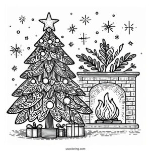Christmas Tree With Star Next To Fire Place