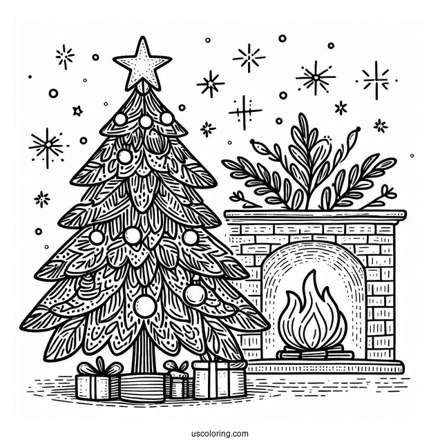 Christmas Tree With Star Next To Fire Place